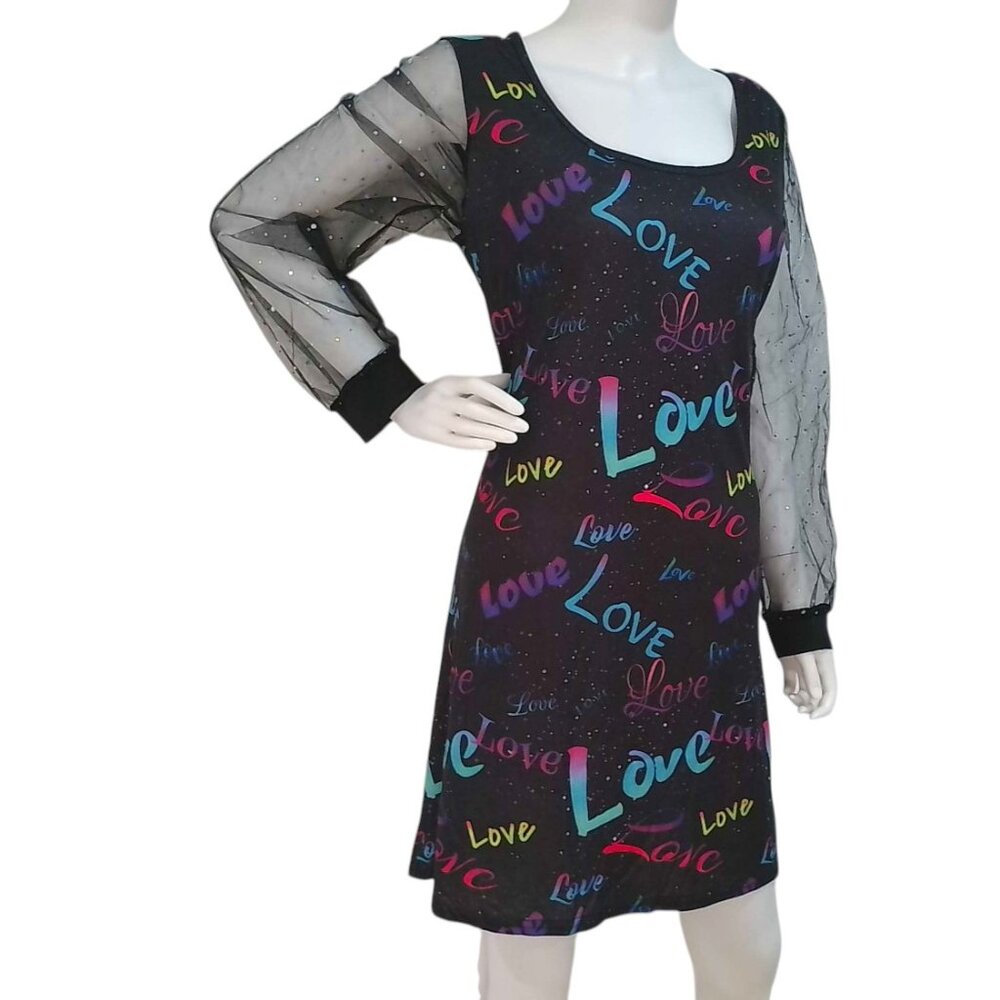 “Love” Print Black Midi Dress with Sheer Sparkly Sleeves